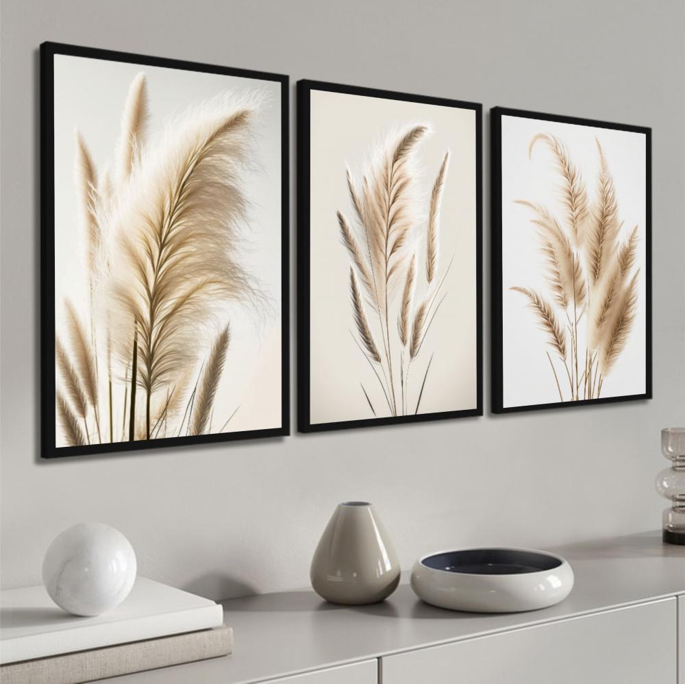 kit 3 quadro decorativo capim dos pampas galhos de trigo boho sal