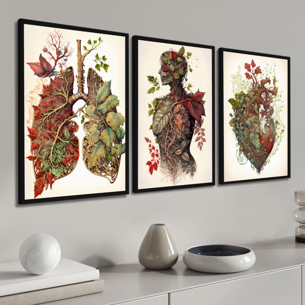 kit 3 quadro decorativo anatomia humana flores medicina médicos 