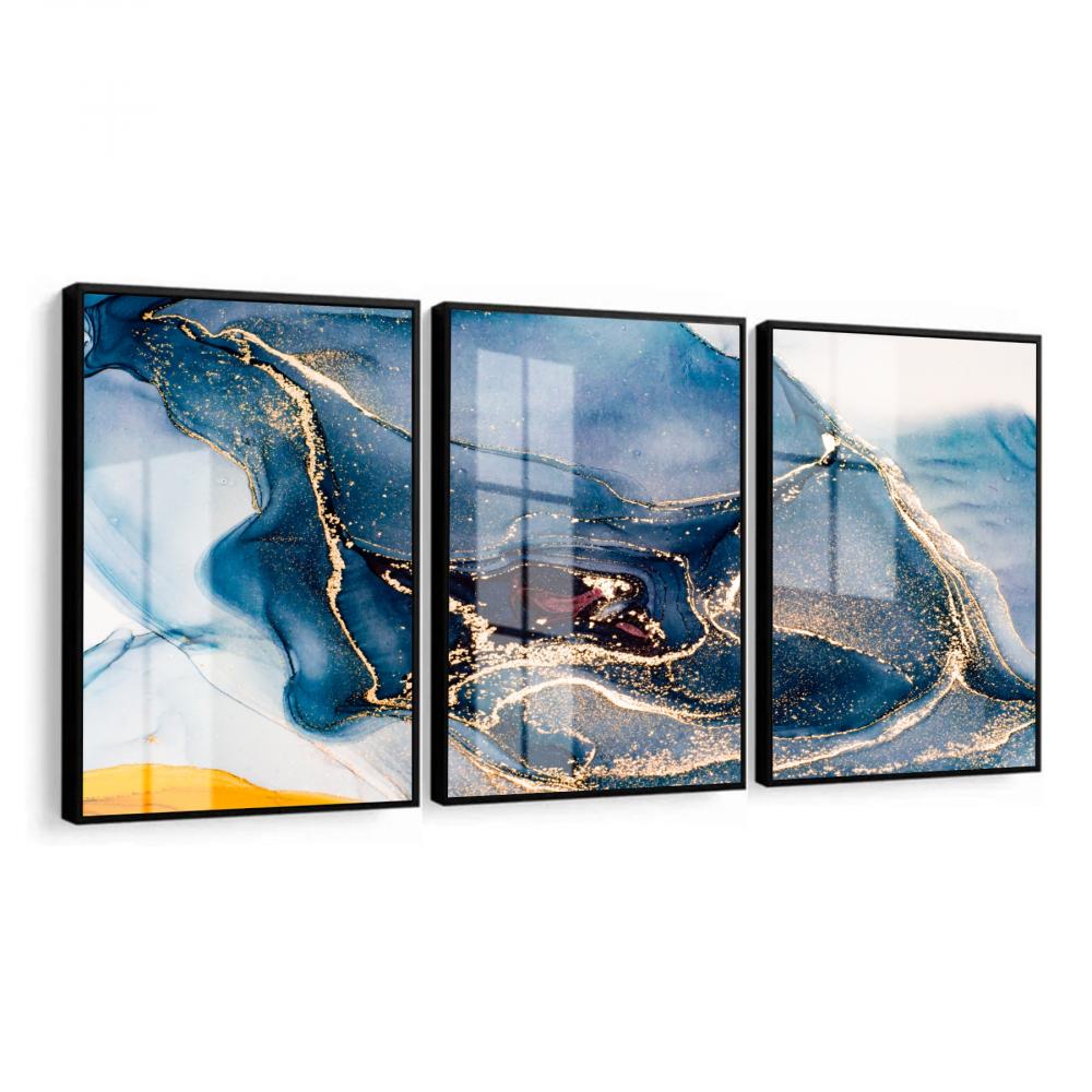 kit 3 quadro decorativo abstrato azul dourado gold luxo decor sal