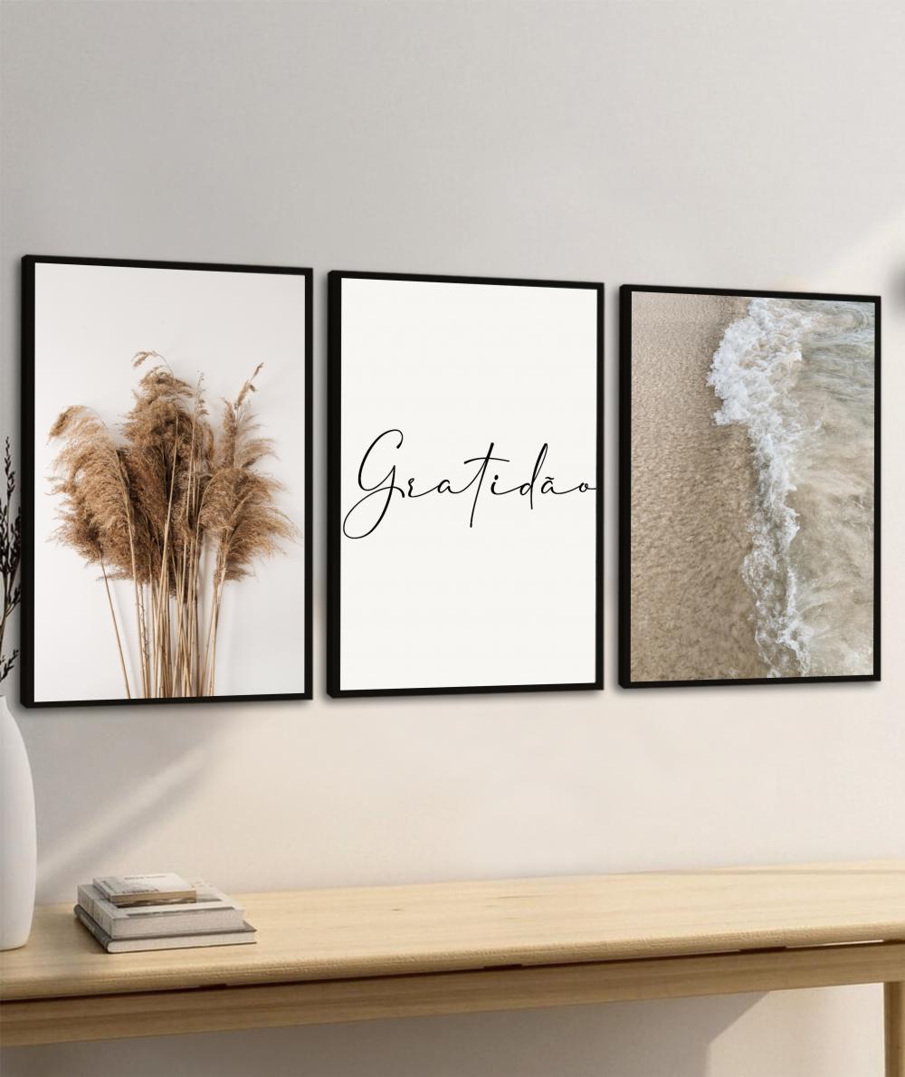 kit 3 quadro decorativo gratidão capim dos pampas galhos de trig