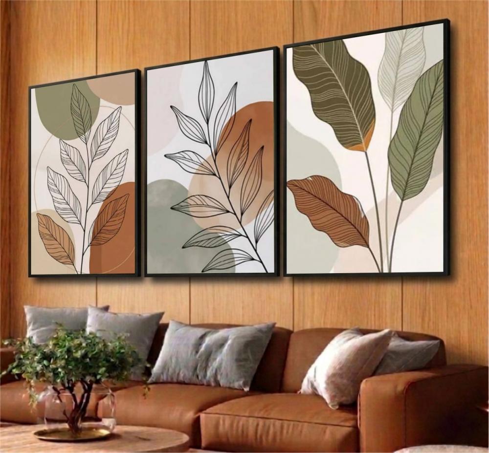kit 3 quadro decorativo abstrato terracota folhas tons terrosos s