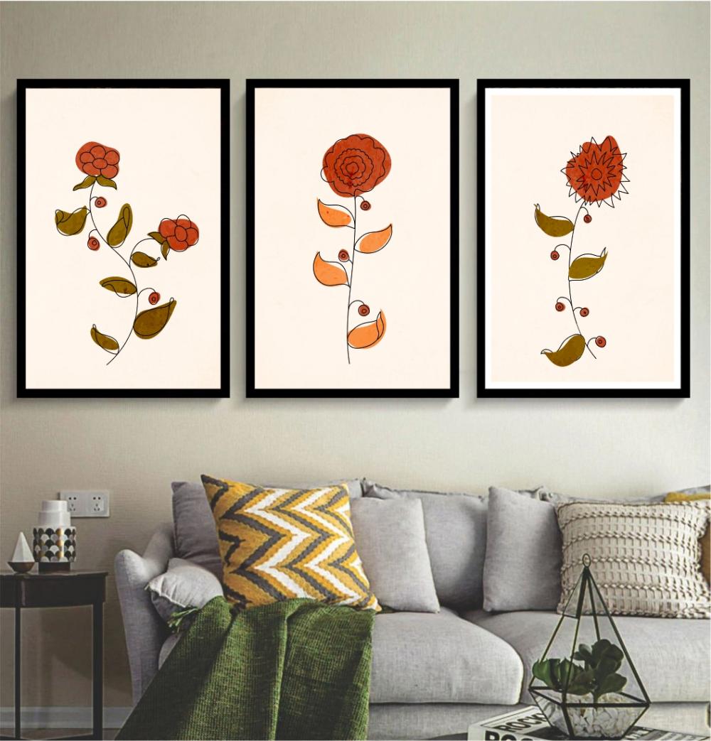 kit 3 quadro decorativo flores rosa vermelha galhos decor casa qu