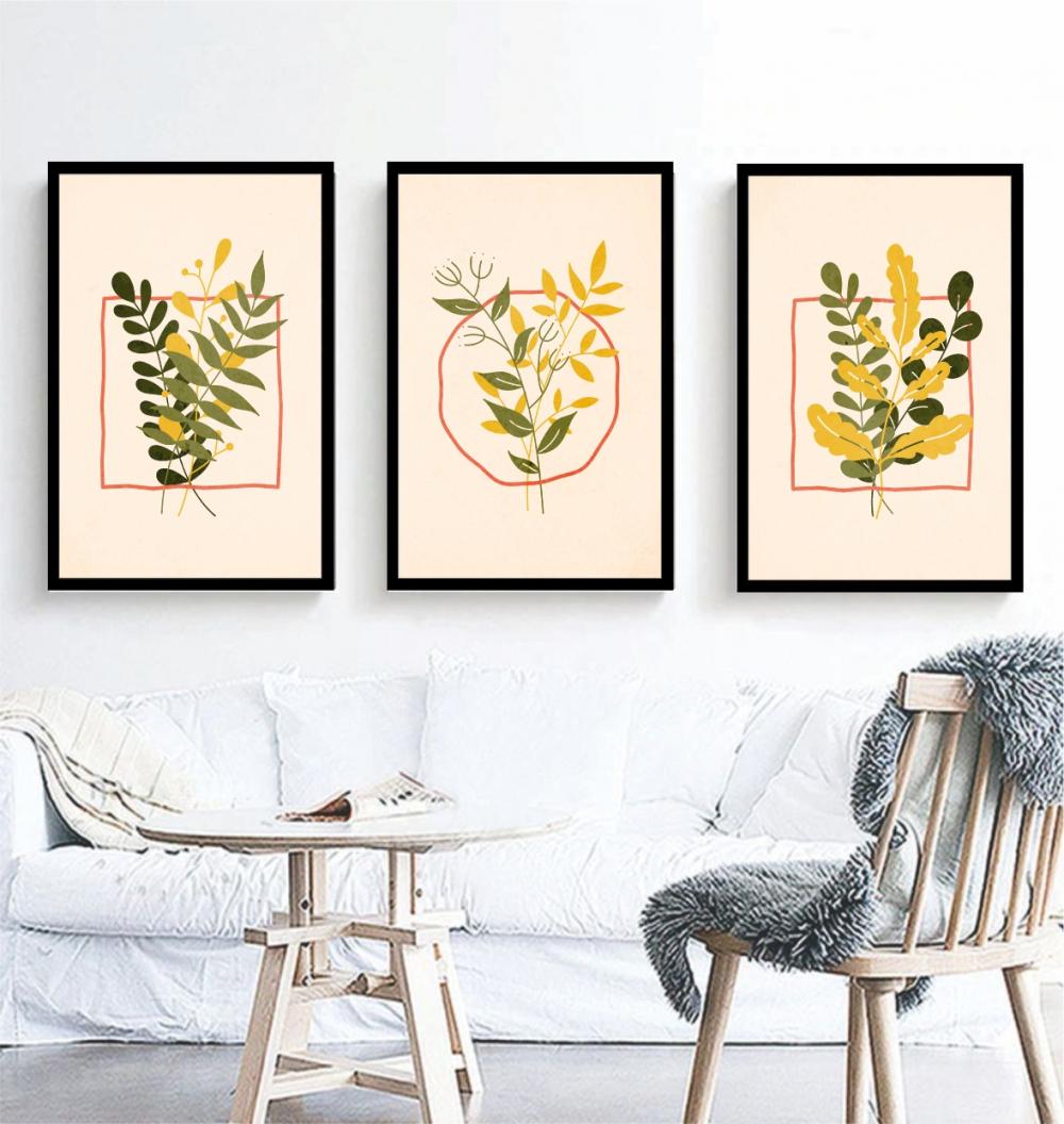 kit 3 quadro decorativo galhos folhagem amarela seca natureza cam