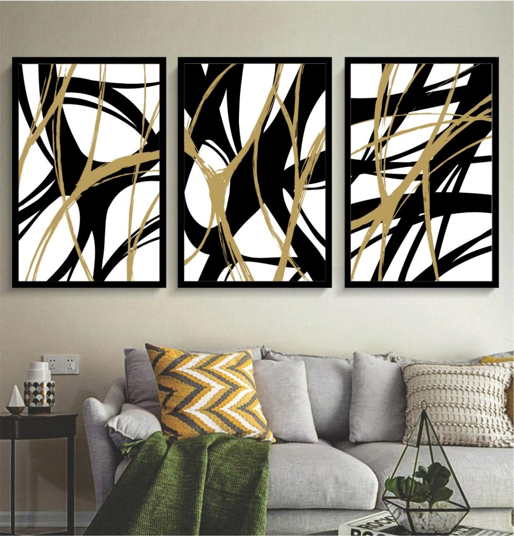 kit 3 quadro decorativo abstrato preto dourado mármore trio luxo