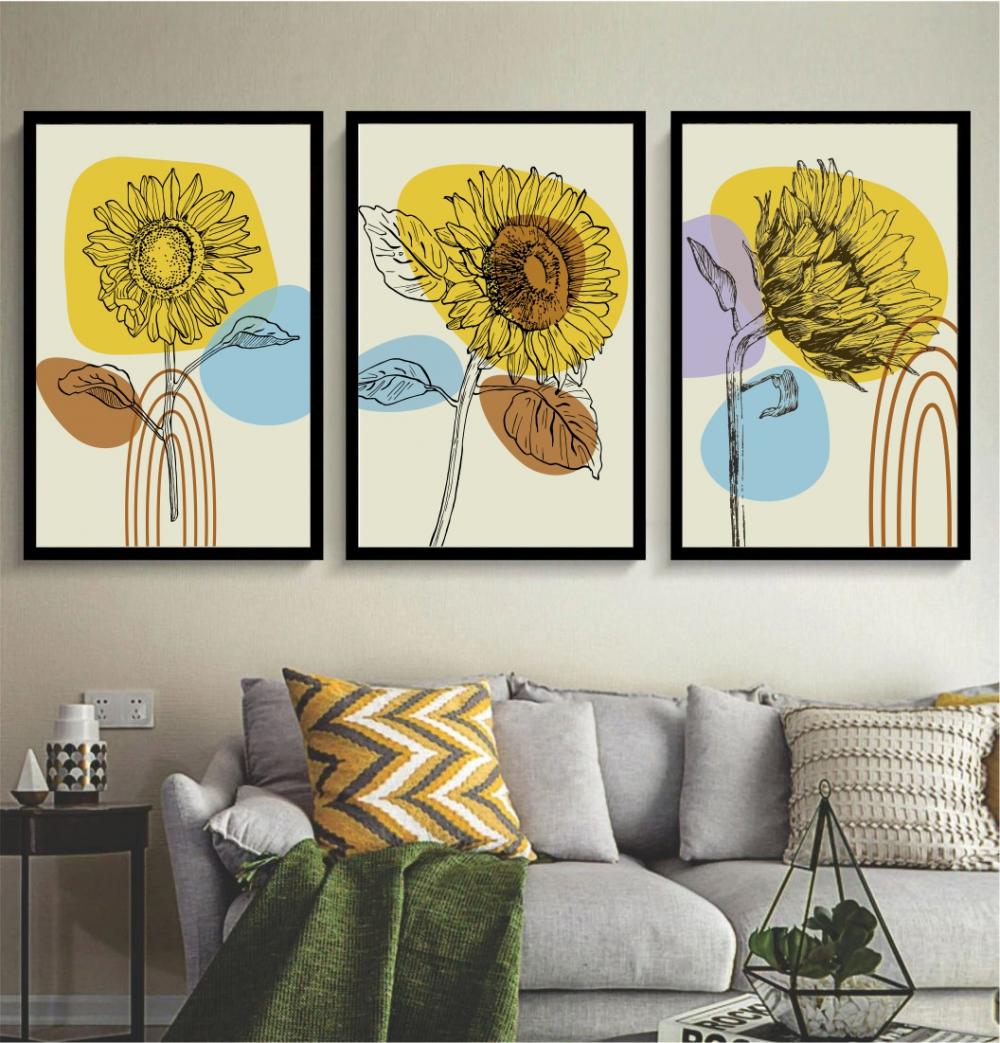 kit 3 quadro decorativo flores trio folhagem amarela seca naturez