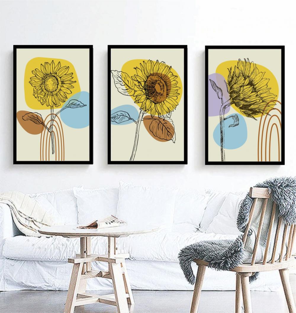 kit 3 quadro decorativo flores trio folhagem amarela seca naturez