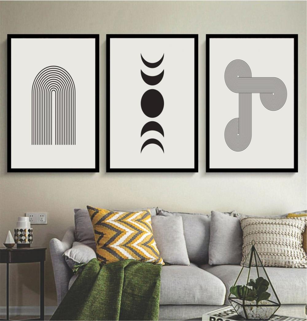 kit 3 quadro decorativo abstrato preto e branco mármore trio lux