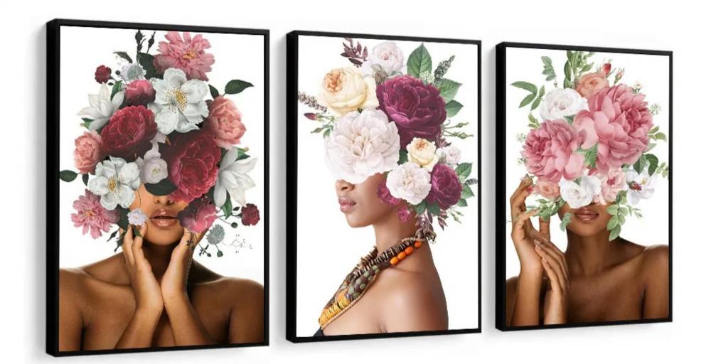 kit 3 quadro decorativo mulheres floridas flores fashion decor sa