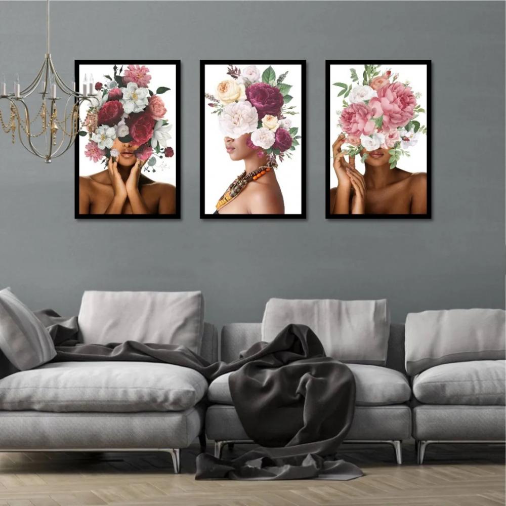 kit 3 quadro decorativo mulheres floridas flores fashion decor sa