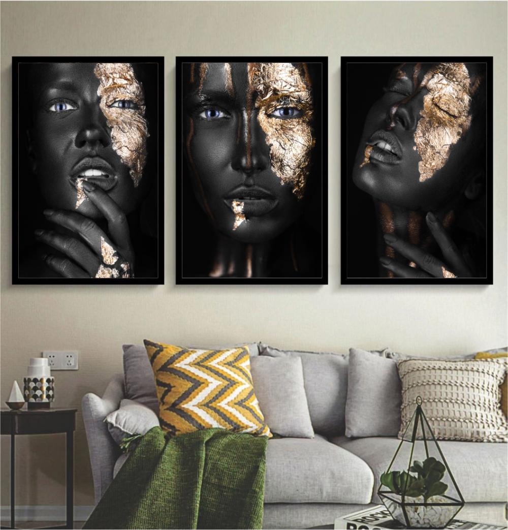 kit 3 quadro decorativo mulheres negras maquiagem dourada fashion