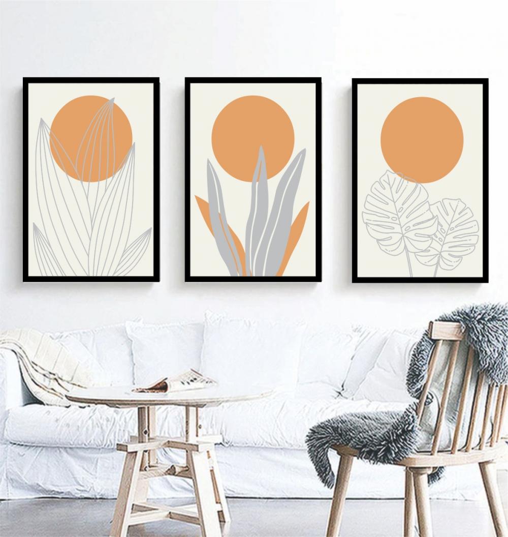 kit 3 quadro decorativo abstrato laranja gold folhas trio luxo de