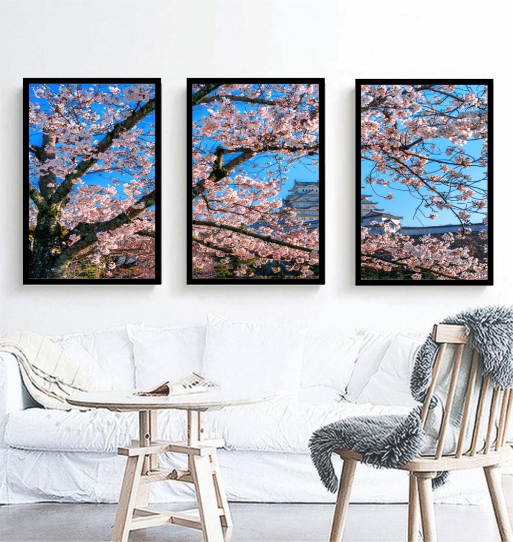 kit 3 quadro decorativo flores de cerejeira galhos de cerejeira d