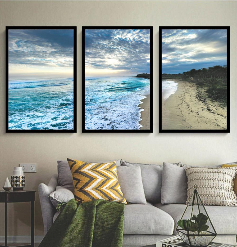 kit 3 quadro decorativo paisagem praiana praia azul decor pousada