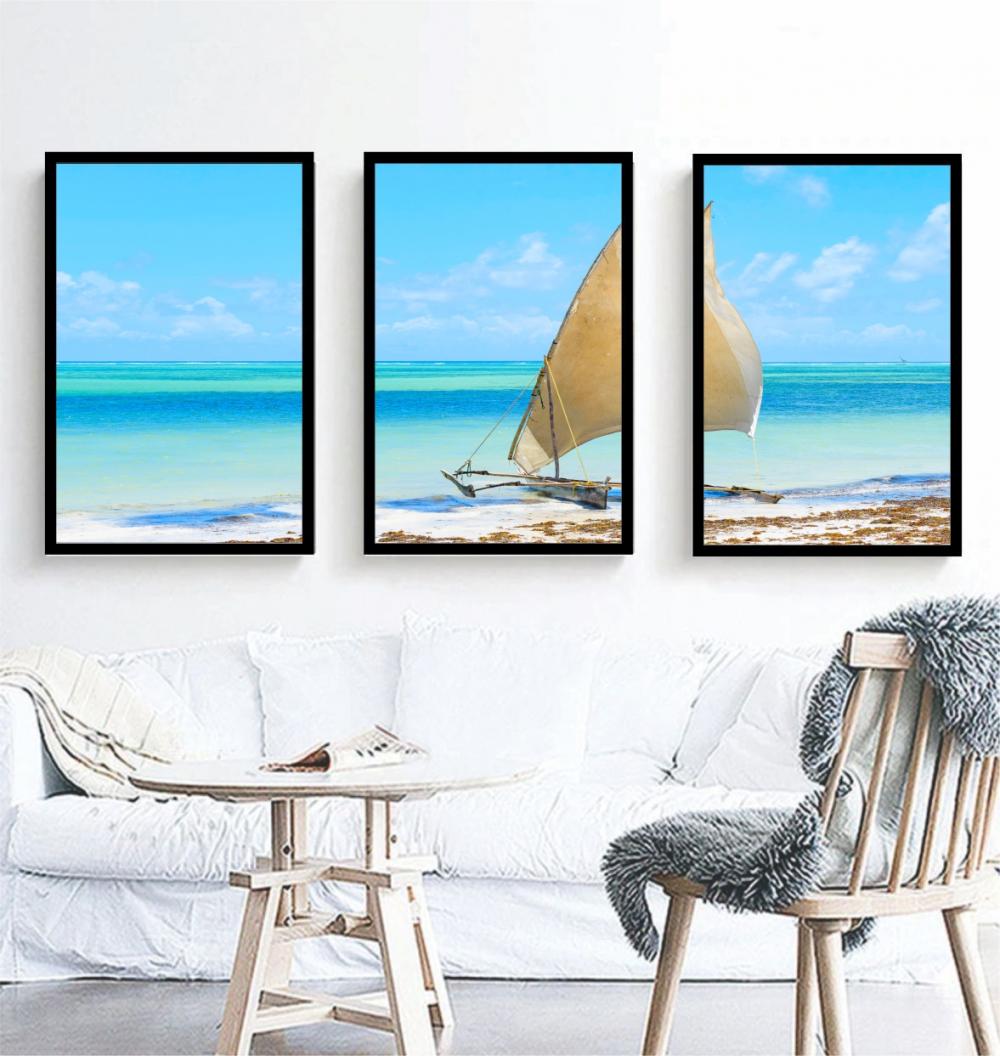 kit 3 quadro decorativo paisagem praiana barco praia azul veleiro