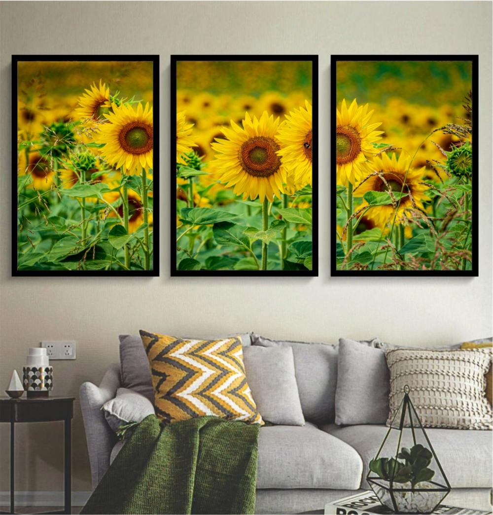 kit 3 quadro decorativo girassol flores trio folhagem amarela sec