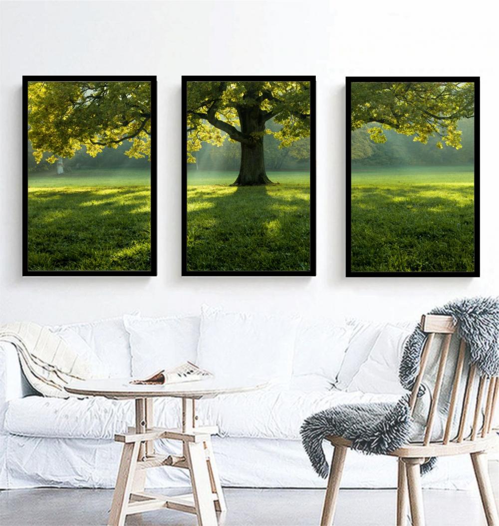 kit 3 quadro decorativo árvores verde campo natureza campo síti