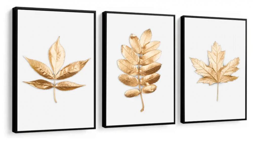 kit 3 quadro decorativo  folhas douradas folhagem dourada galhos 