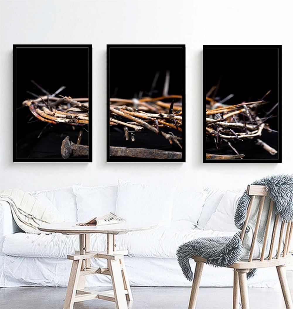 kit 3 quadro decorativo deus coroa de espinho jesus cristo fé de