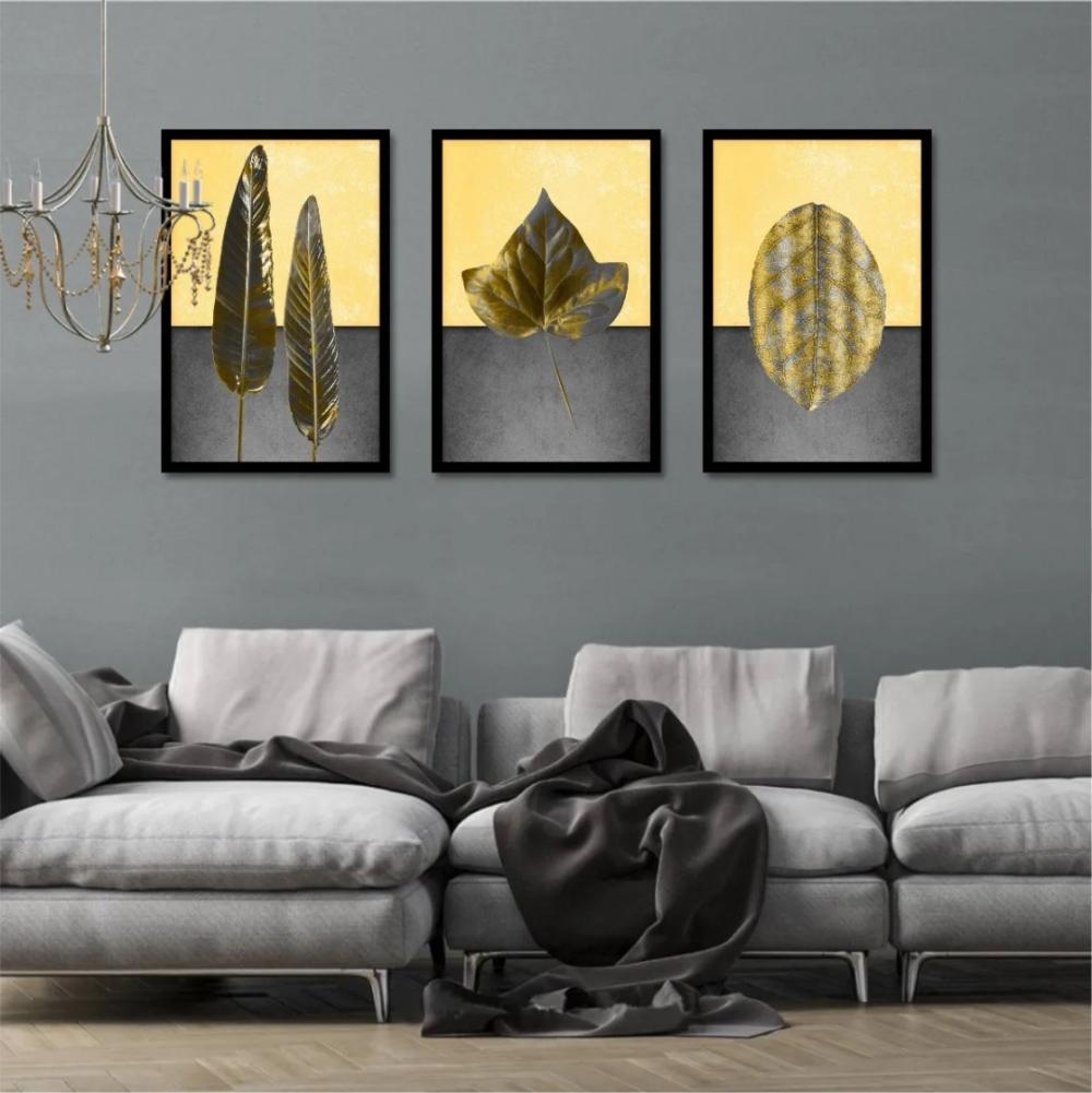 kit 3 quadro decorativo  folhas douradas folhagem dourada galhos 