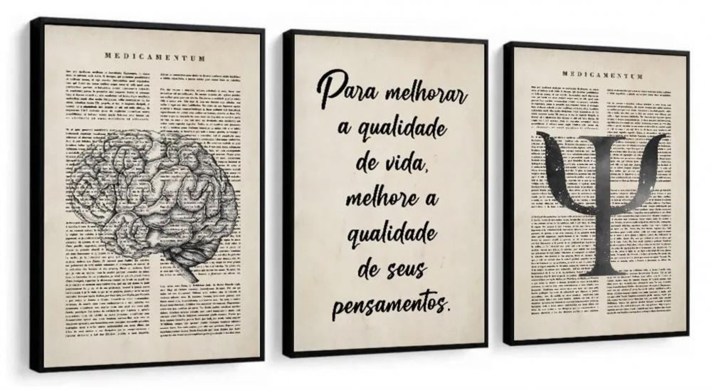 kit 3 quadro decorativo cunsultório de psicologia mente humana p