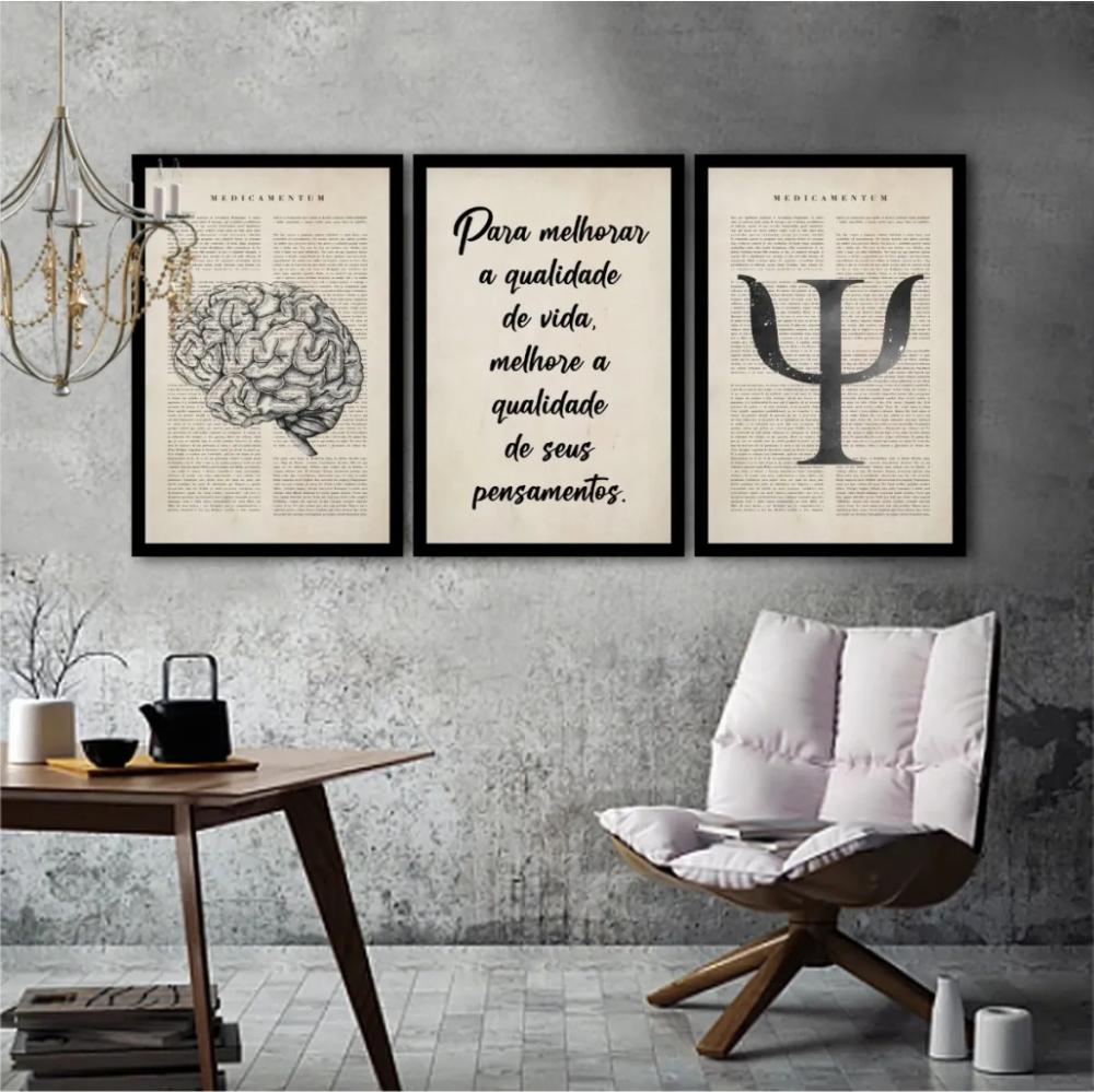 kit 3 quadro decorativo cunsultório de psicologia mente humana p