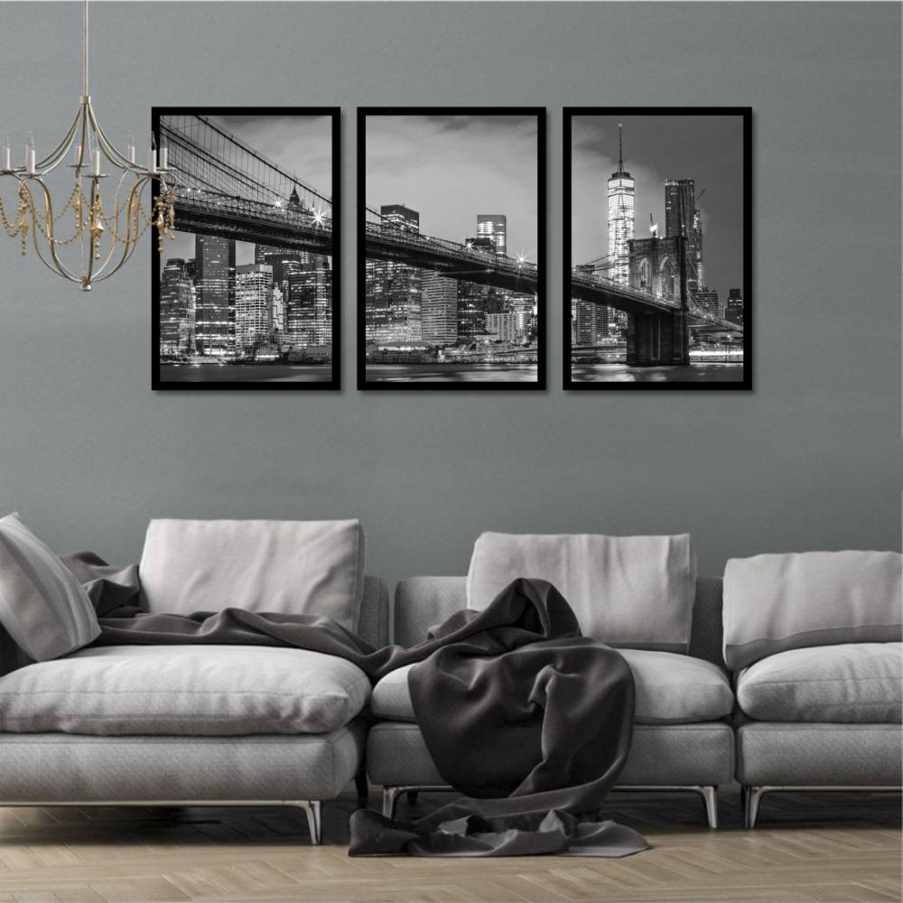 kit 3 quadro decorativo Ponte do Brooklyn nova york preto e branc