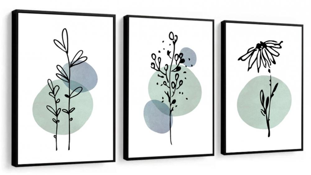 kit 3 quadro decorativo galhos abstrato verde folhas gold luxo sa
