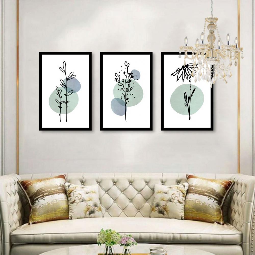 kit 3 quadro decorativo galhos abstrato verde folhas gold luxo sa