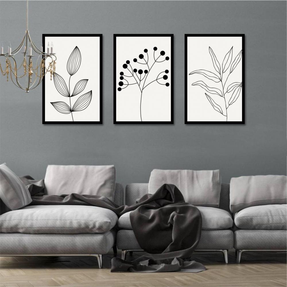 kit 3 quadro decorativo galhos preto e branco gold luxo sala quar