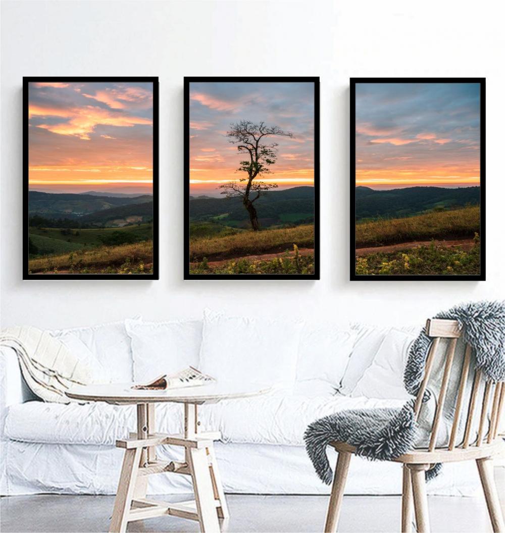kit 3 quadro decorativo entardecer árvore natureza bosque sítio