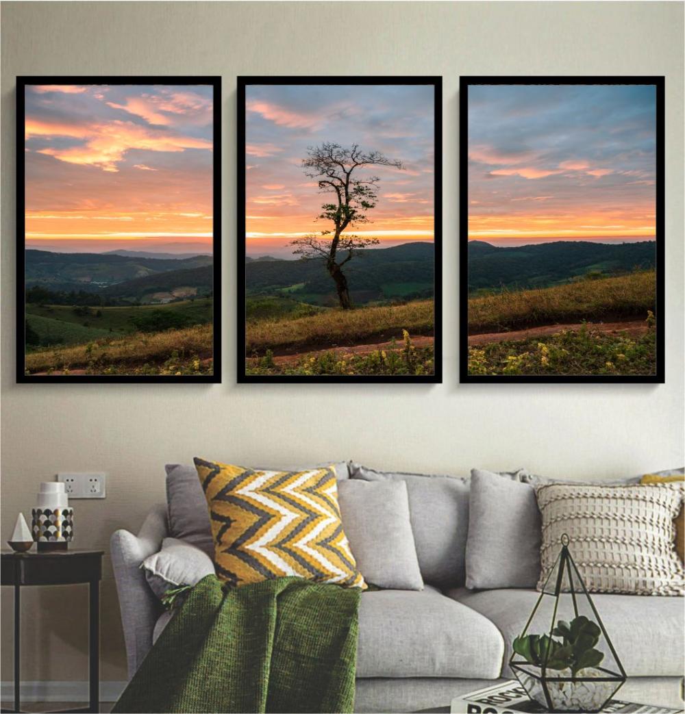 kit 3 quadro decorativo entardecer árvore natureza bosque sítio
