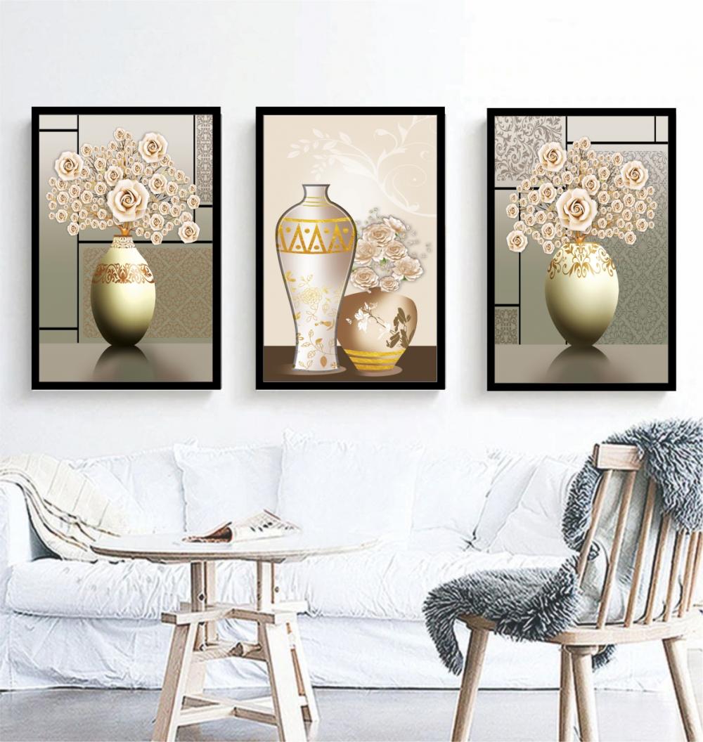 kit 3 quadro decorativo boho flores brancas vaso abstrato dourado