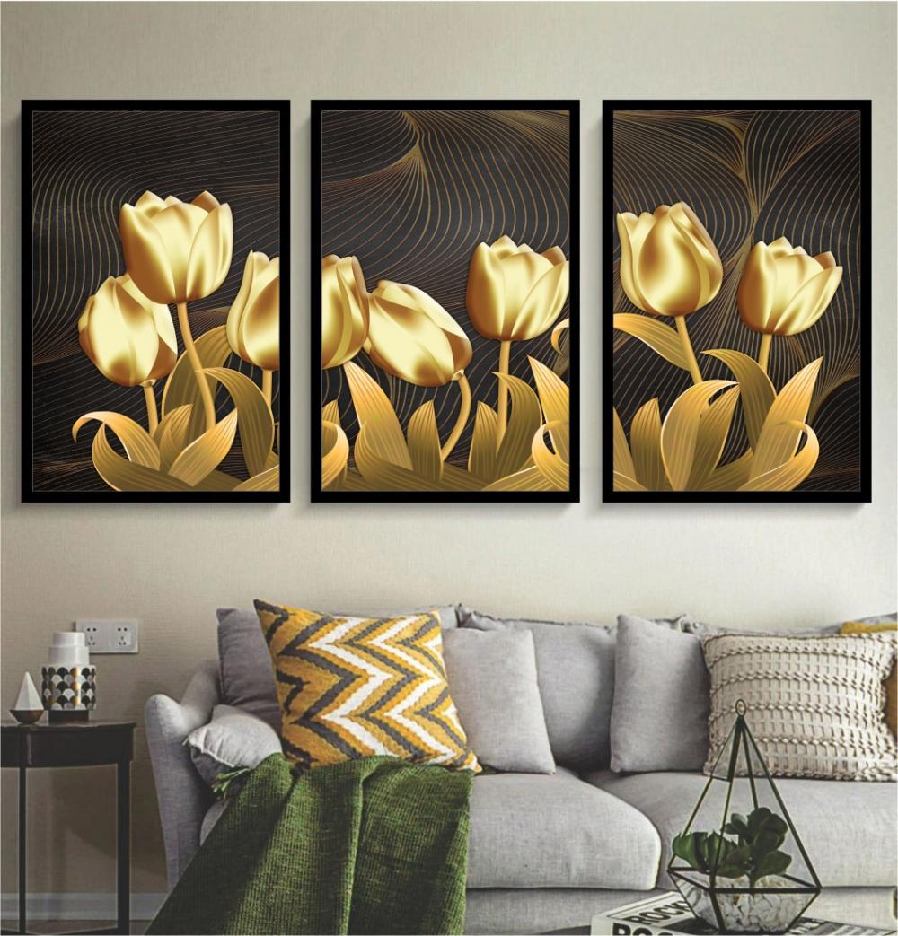 kit 3 quadro decorativo  folhas douradas folhagem dourada galhos 