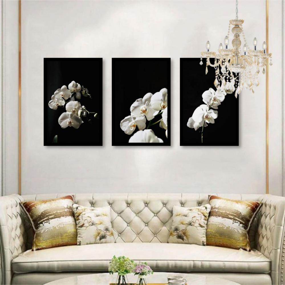 kit 3 quadro decorativo boho flores brancas orquideas sala quarto