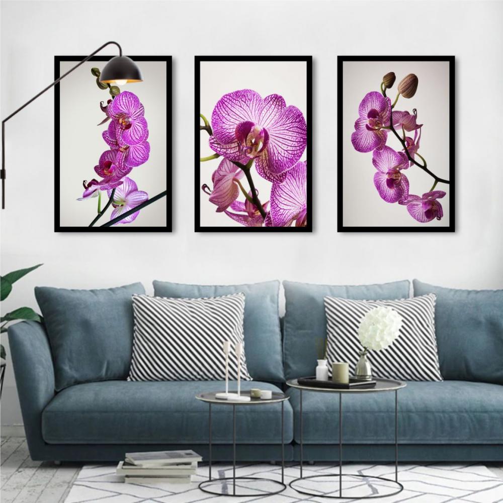 kit 3 quadro decorativo flores lilás orquideas sala quarto decor