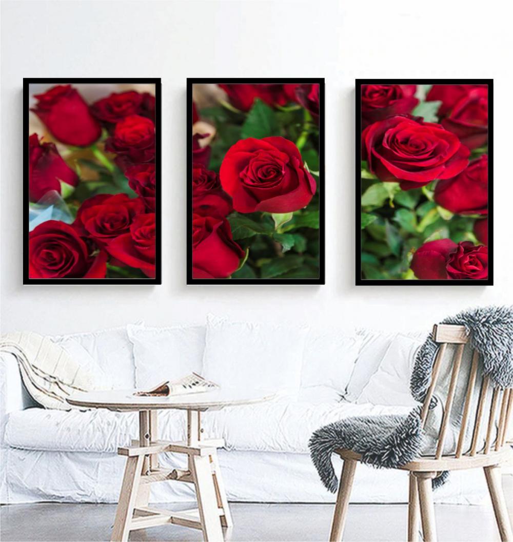kit 3 quadro decorativo flores rosa vermelha galhos decor casa qu