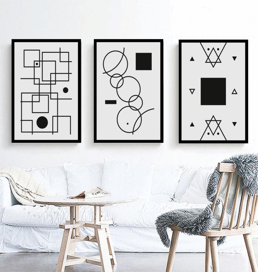 kit 3 quadro decorativo abstrato preto e branco mármore trio lux