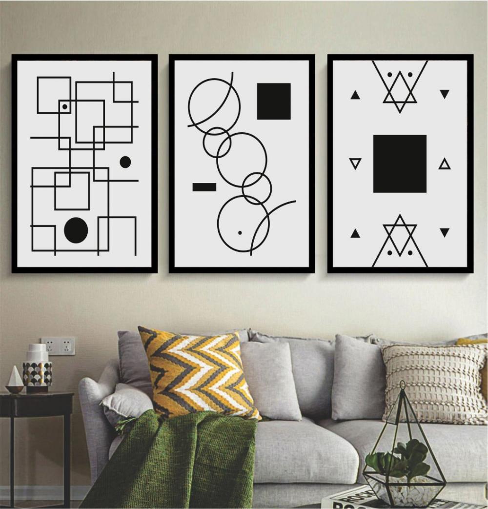kit 3 quadro decorativo abstrato preto e branco mármore trio lux