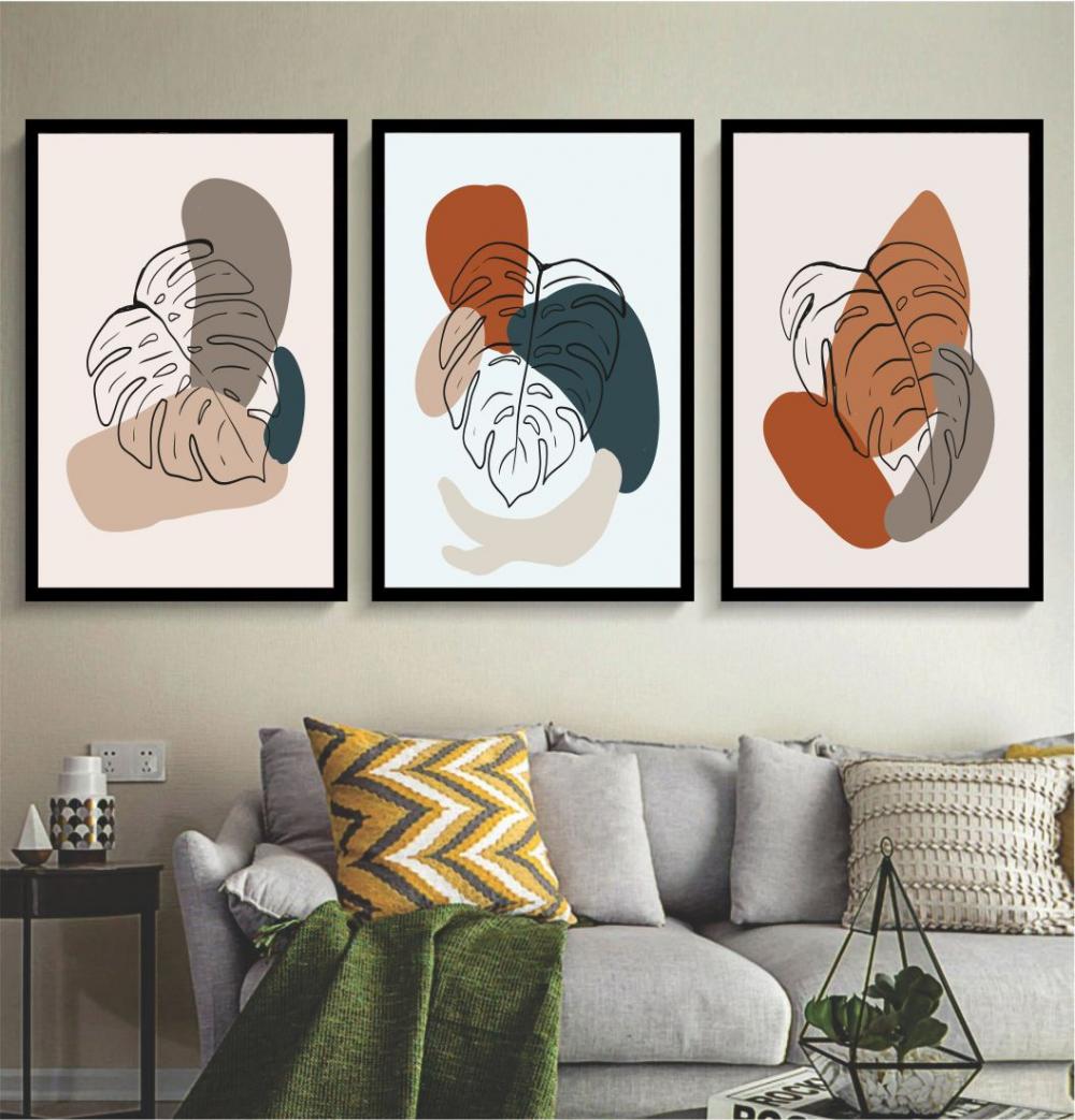 kit 3 quadro decorativo abstrato terracota folhas tons terrosos s