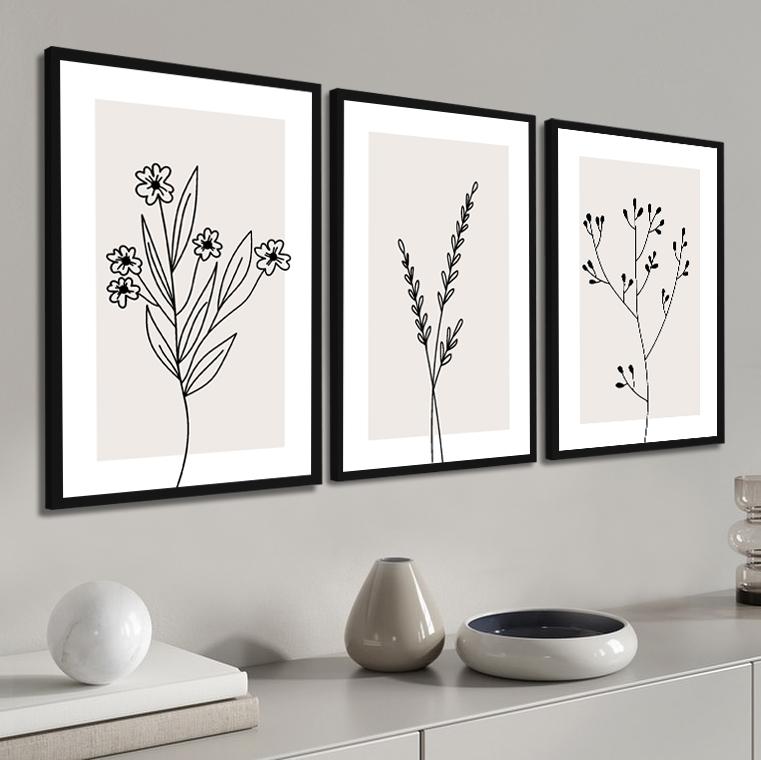 kit 3 quadro decorativo galhos preto e branco gold luxo sala quar