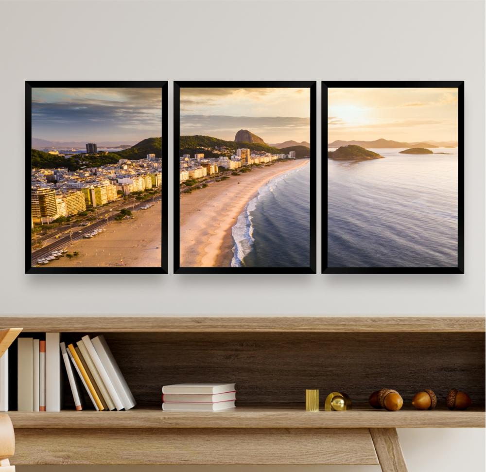 kit 3 quadro decorativo rio de janeiro praia por do sol  quarto s