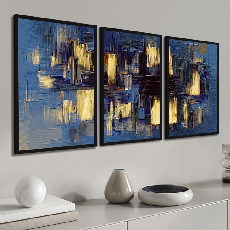 kit 3 quadro decorativo abstrato azul dourado gold luxo decor sal