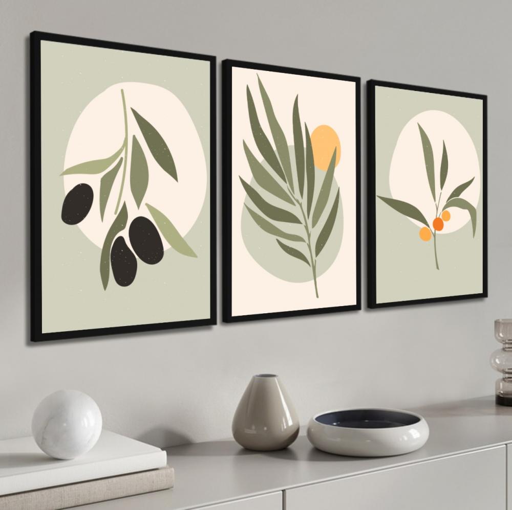 kit 3 quadro decorativo galhos abstrato verde folhas gold luxo sa