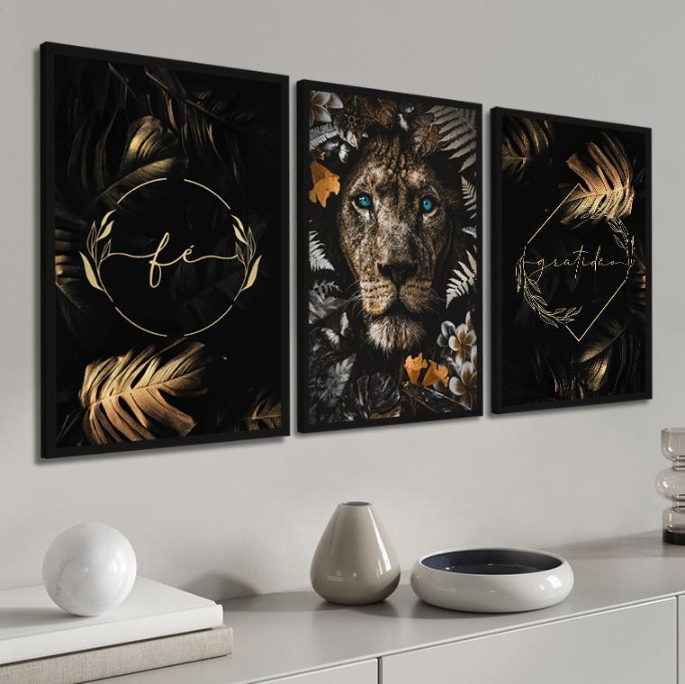 kit 3 quadro decorativo leão deus leão de juda fé gratidão co