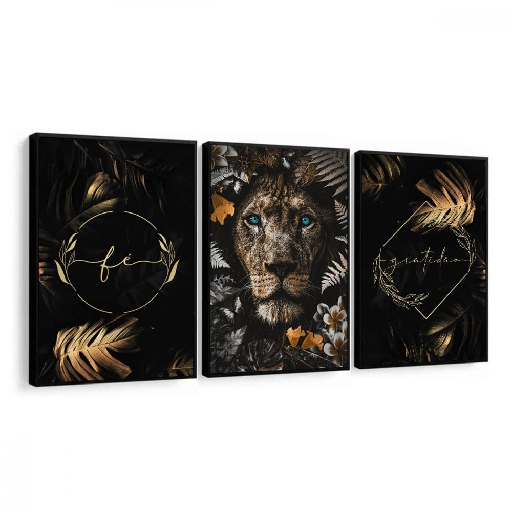 kit 3 quadro decorativo leão deus leão de juda fé gratidão co