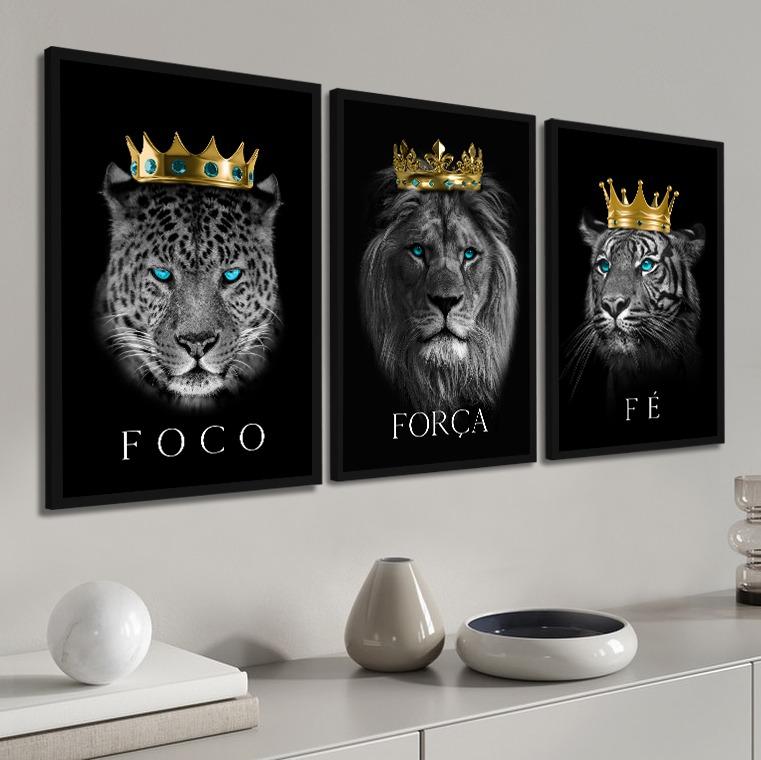 kit 3 quadro decorativo motivacional foco força fé leão tigre 