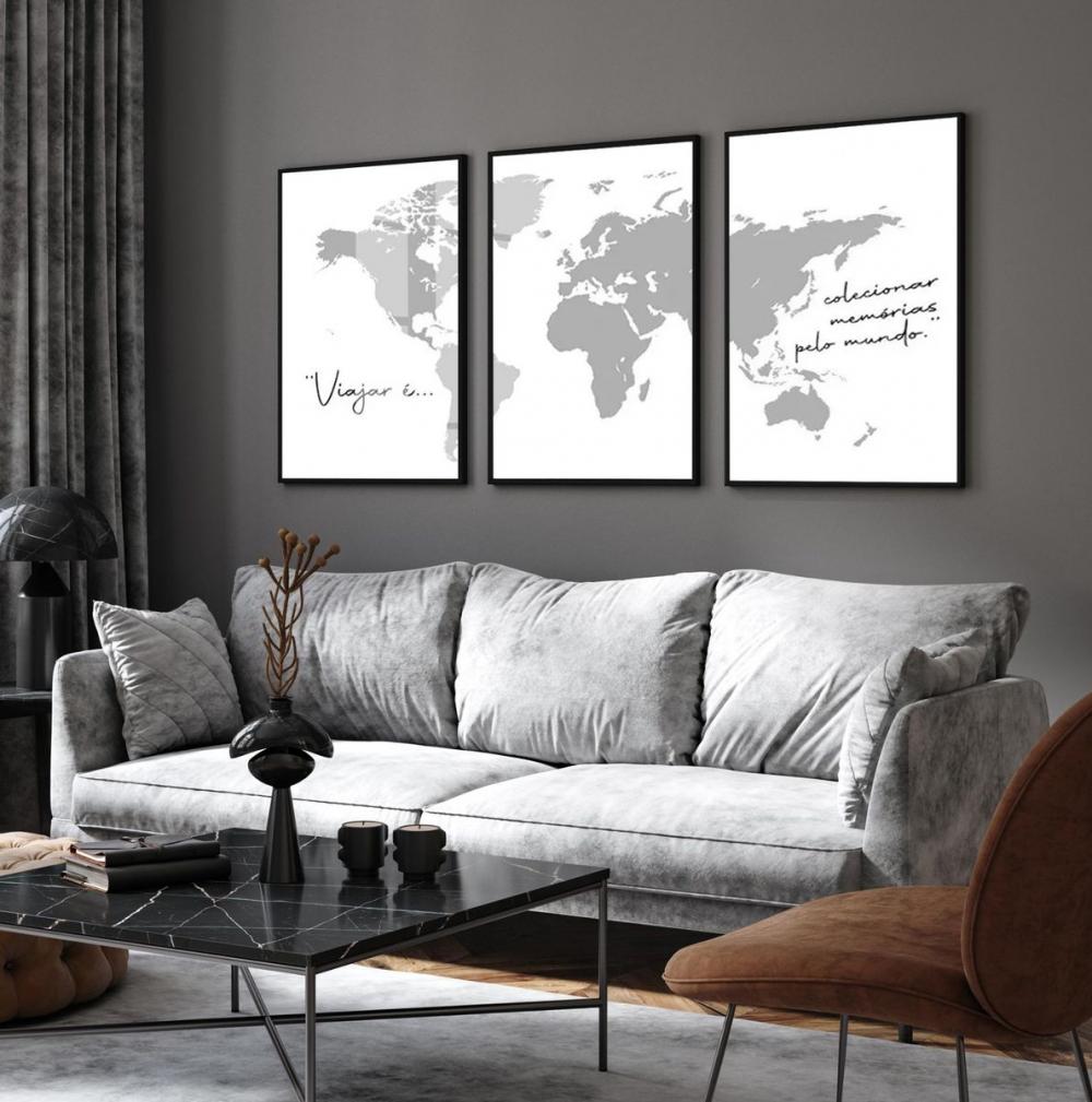 kit 3 quadro decorativo mapa mundi países preto e branco decor c