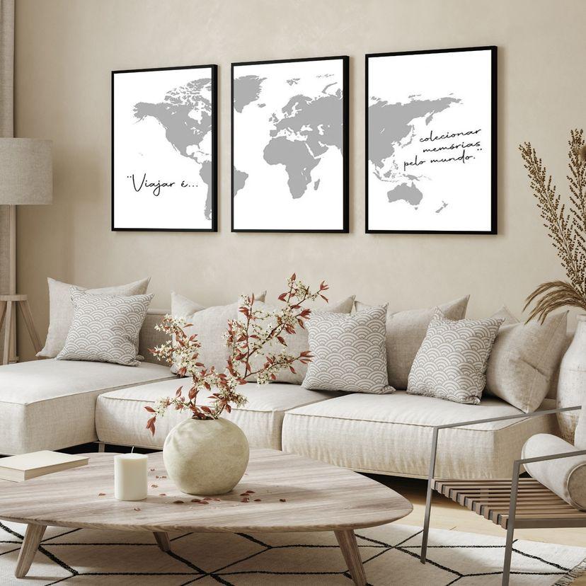 kit 3 quadro decorativo mapa mundi países preto e branco decor c