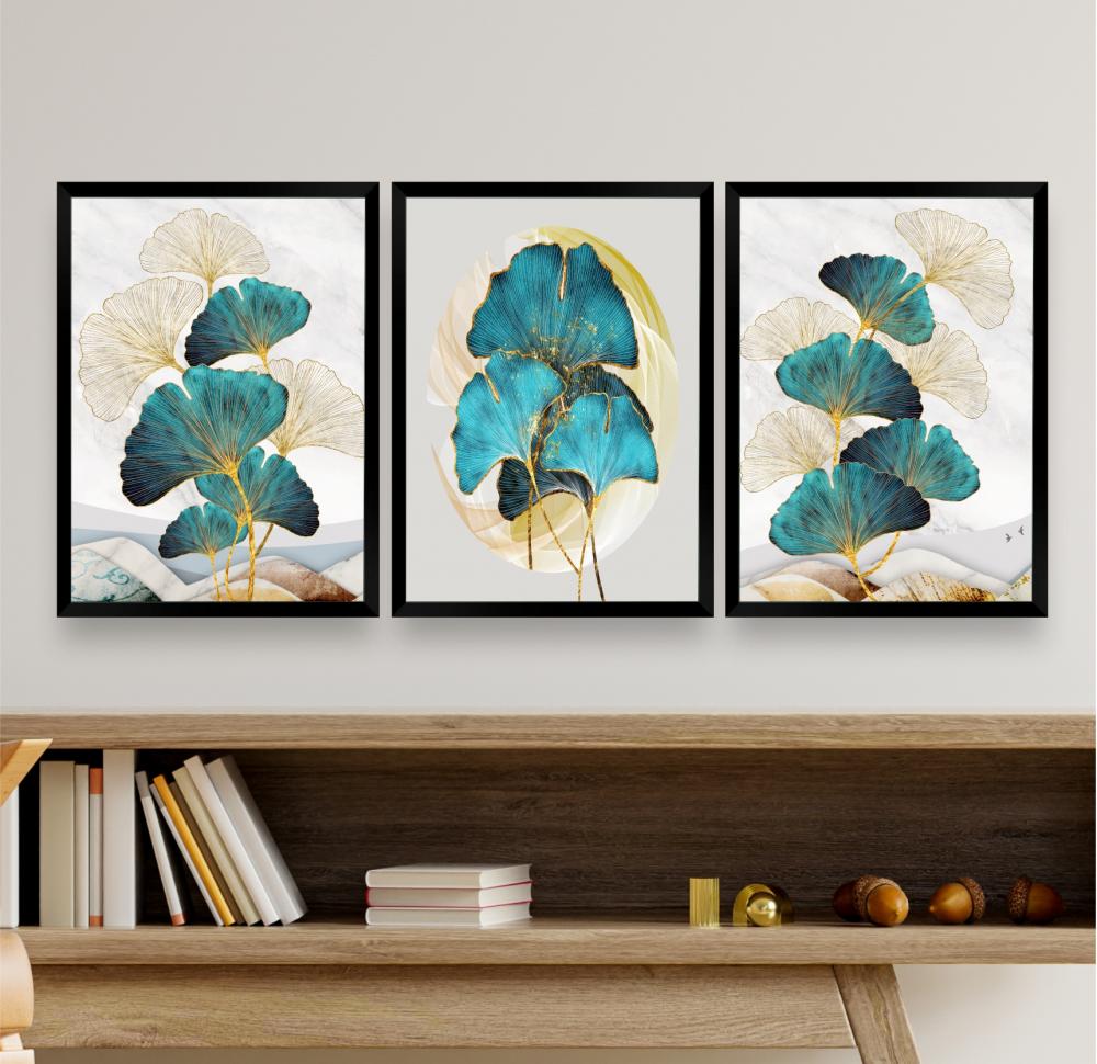 Kit 3 Quadro Decorativo abstrato Folhas Galhos Azulados sala quar