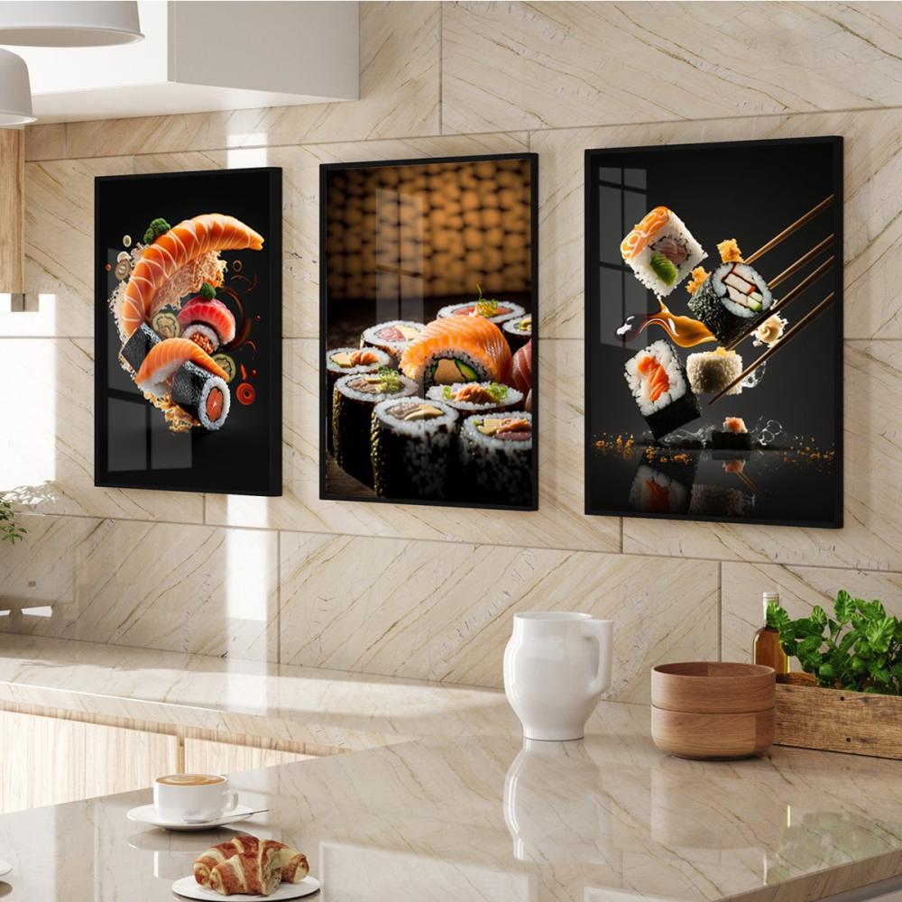 kit 3 quadro decorativo Arigatô Sushi comida cozinha japonesa de
